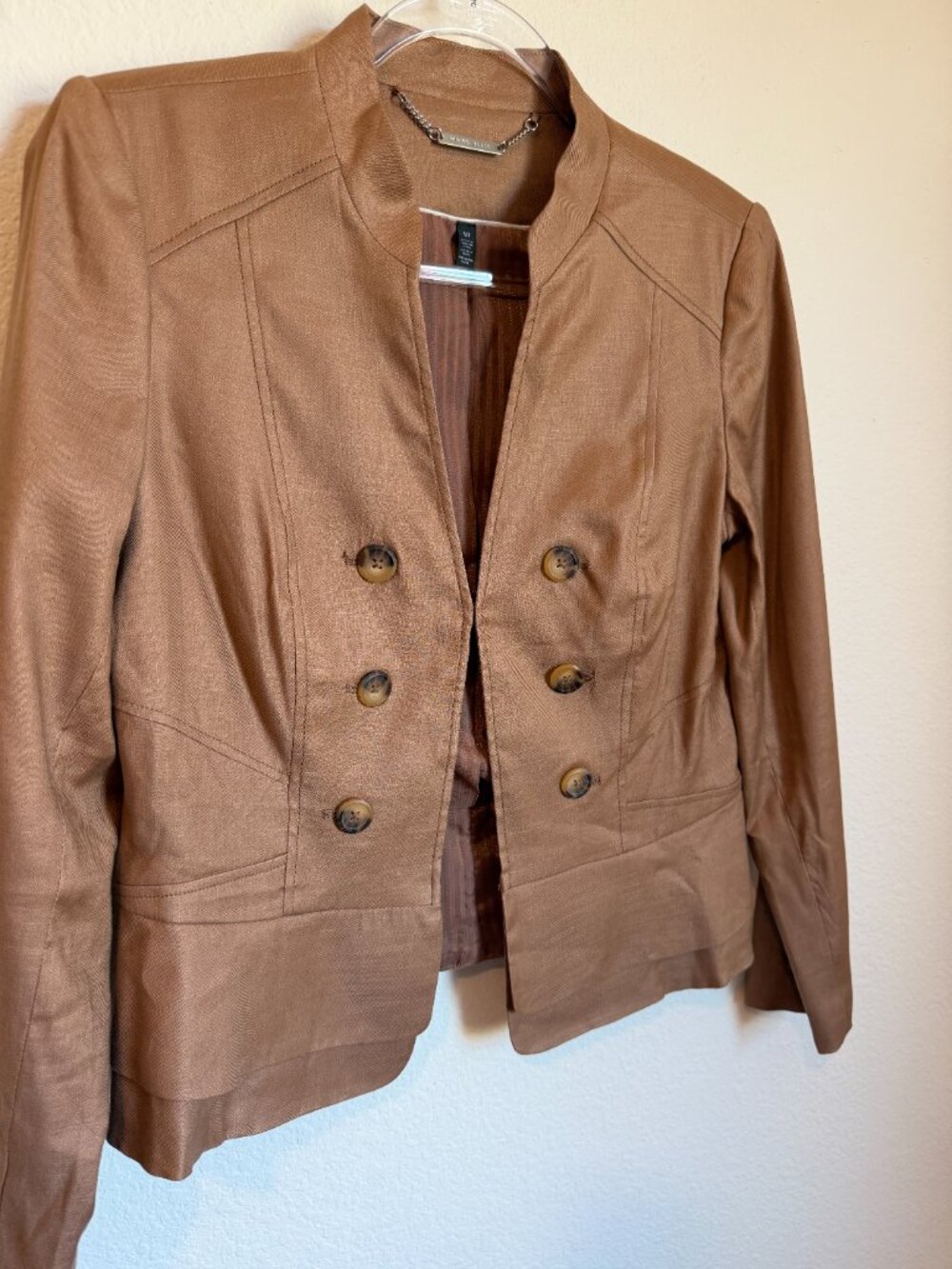 White House Black Market Linen Blend Military Blazer Copper Tan Jacket Sz 10 - Picture 3 of 9